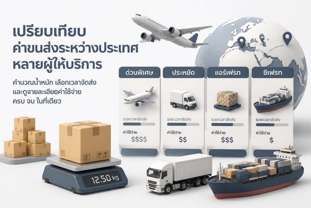 กล่องพัสดุพร้อมแท็กการจัดส่งระหว่างประเทศวางบนแผนที่โลก แสดงการเปรียบเทียบตัวเลือกขนส่ง