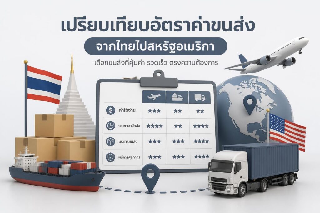 แผนที่สหรัฐอเมริกาพร้อมกล่องพัสดุและสัญลักษณ์ราคาเพื่อสื่อค่าส่งระหว่างประเทศ