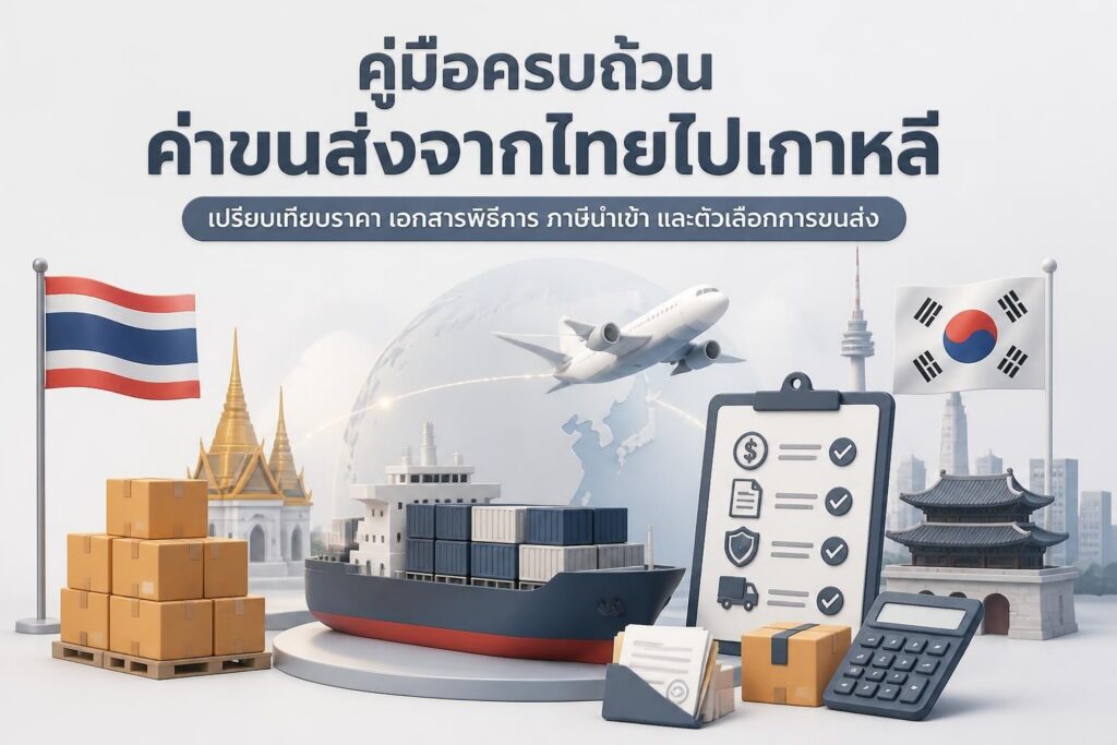 พัสดุและเอกสารขนส่งบนโต๊ะชั่งน้ำหนักพร้อมแผนที่เกาหลี