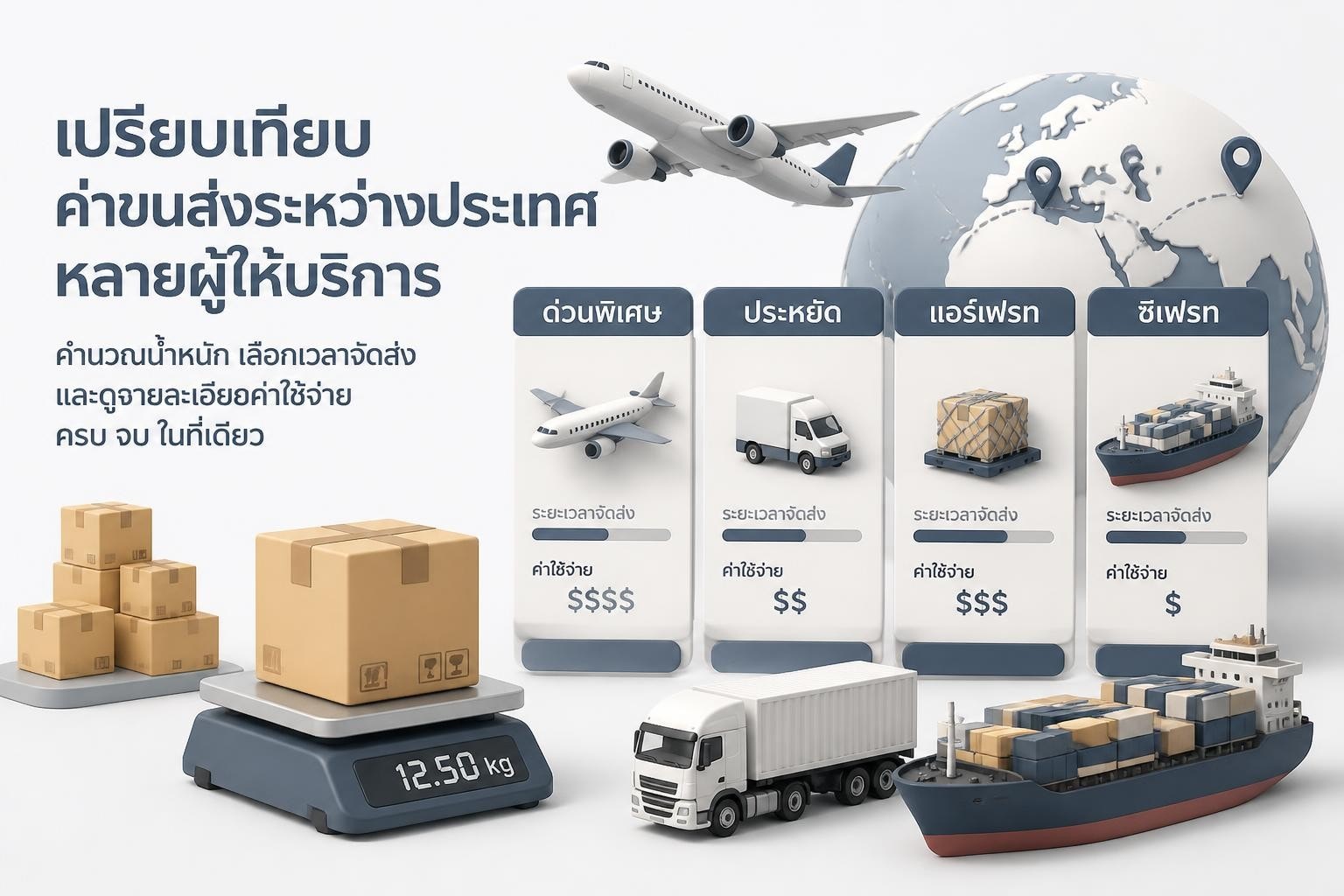 กล่องพัสดุพร้อมแท็กการจัดส่งระหว่างประเทศวางบนแผนที่โลก แสดงการเปรียบเทียบตัวเลือกขนส่ง