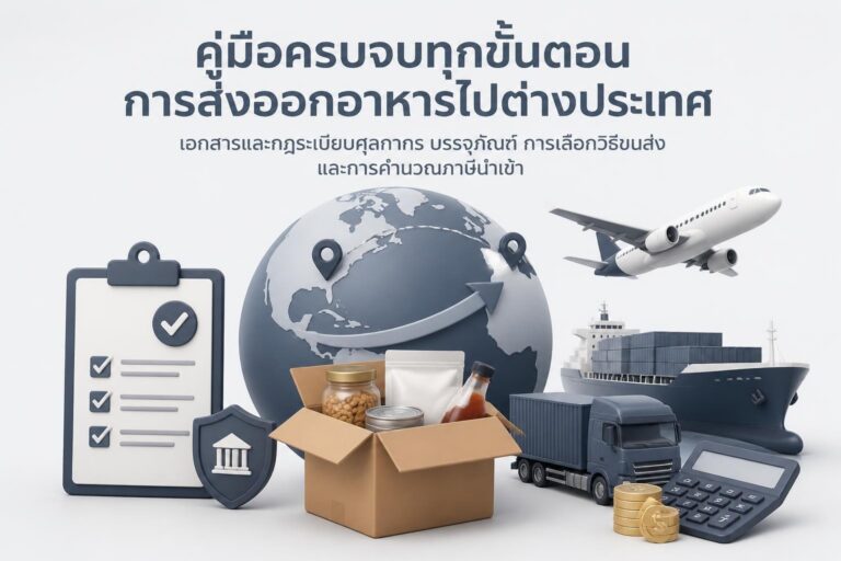 พัสดุอาหารไทยบรรจุเรียบร้อยพร้อมฉลากและวัสดุกันกระแทกสำหรับการส่งระหว่างประเทศ