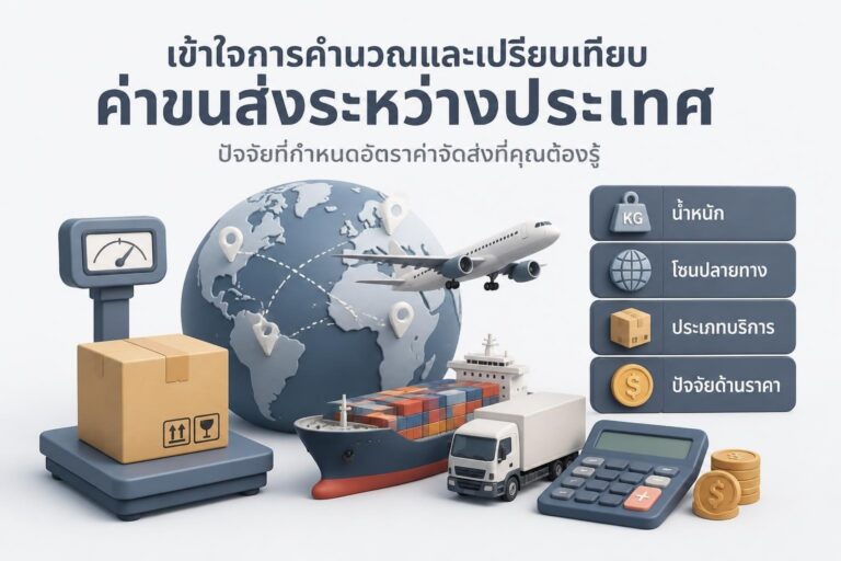 การชั่งและวัดกล่องพัสดุพร้อมแผนที่โลกและไอคอนบริการขนส่งเพื่อแสดงการเปรียบเทียบค่าส่ง