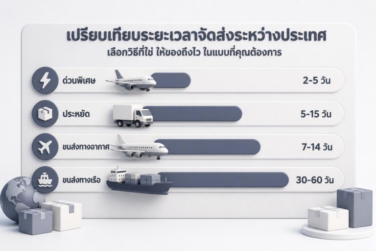 ตารางเปรียบเทียบระยะเวลาขนส่งระหว่างประเทศ (Express, Economy, Air Freight, Sea Freight) พร้อมไอคอนเครื่องบินและเรือ