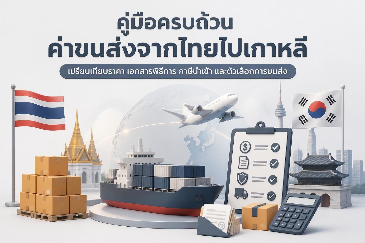 พัสดุและเอกสารขนส่งบนโต๊ะชั่งน้ำหนักพร้อมแผนที่เกาหลี