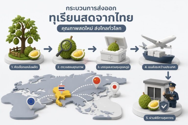 กล่องทุเรียนบรรจุในตู้คอนเทนเนอร์รีเฟอร์พร้อมฉลากแสดงข้อมูลการส่งออก