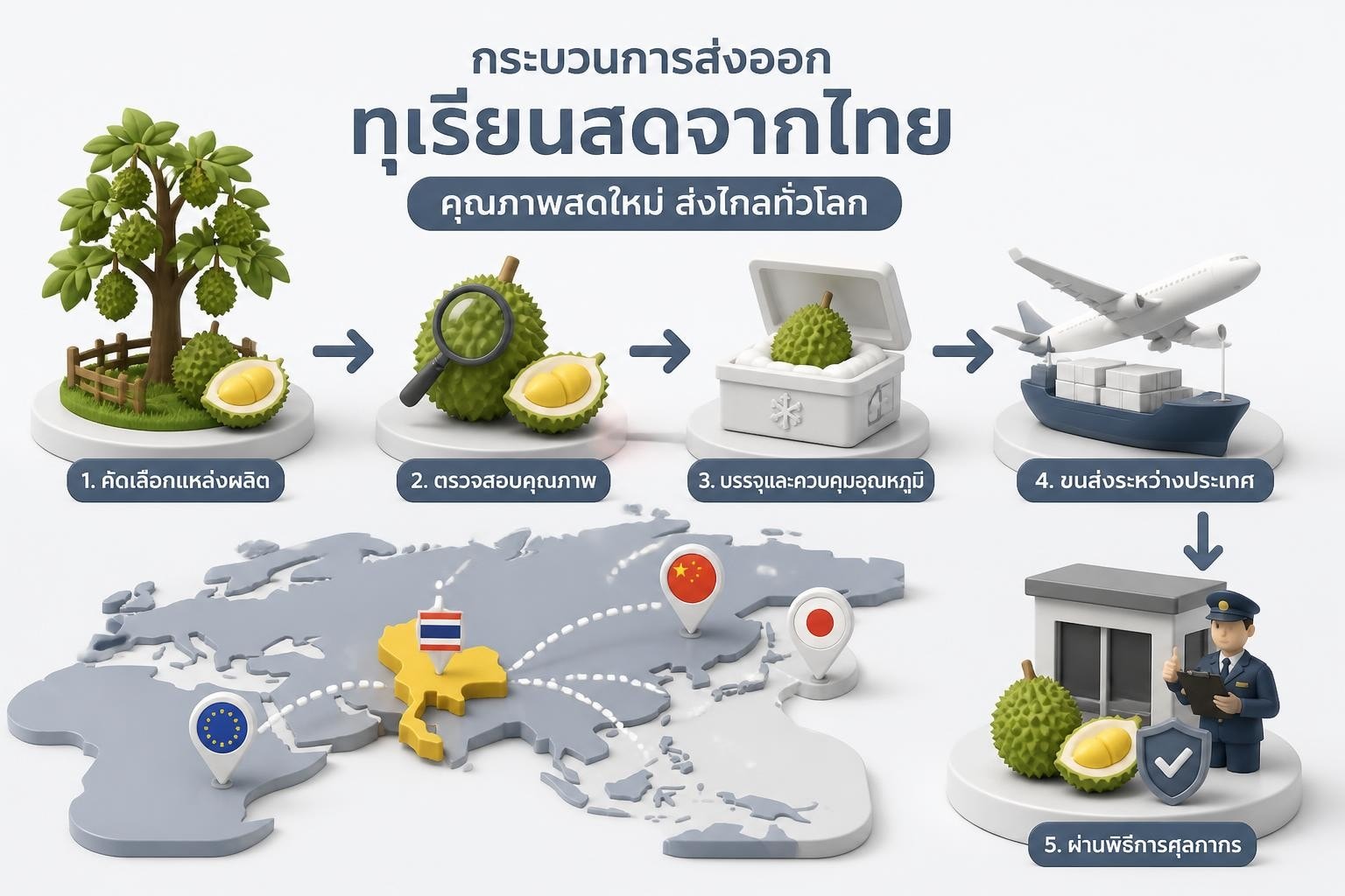 กล่องทุเรียนบรรจุในตู้คอนเทนเนอร์รีเฟอร์พร้อมฉลากแสดงข้อมูลการส่งออก