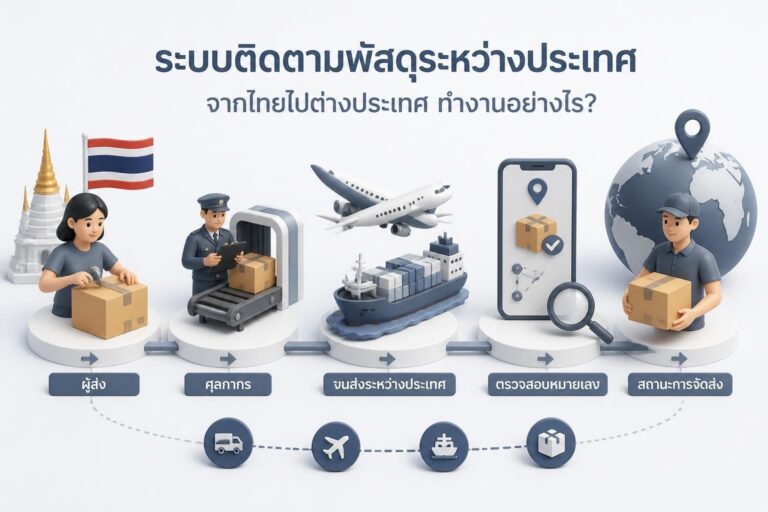 หน้าจอแอปติดตามพัสดุระหว่างประเทศพร้อมกล่องพัสดุและเอกสารศุลกากร