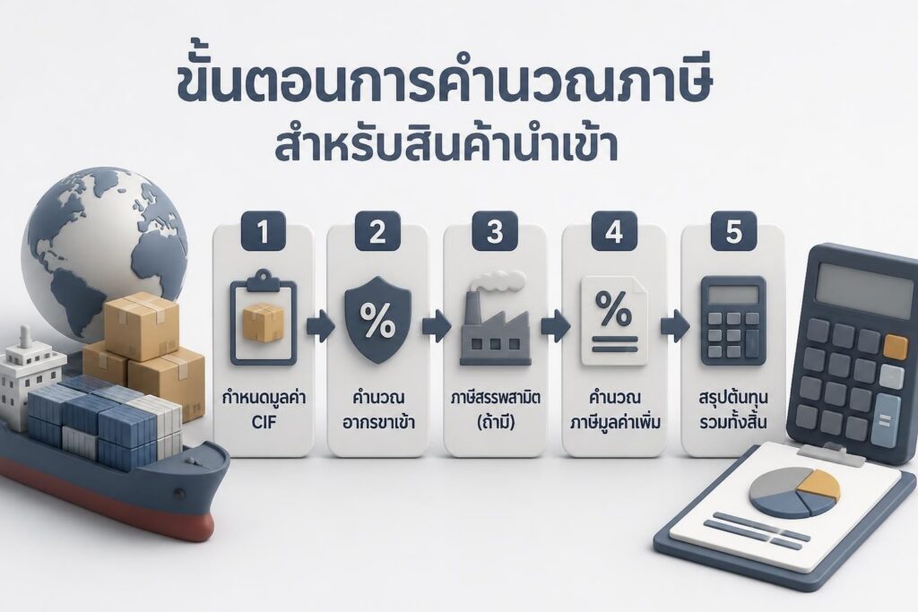 แผนภาพการคำนวณภาษีนำเข้าพร้อมสูตร CIF อากร สรรพสามิต และ VAT