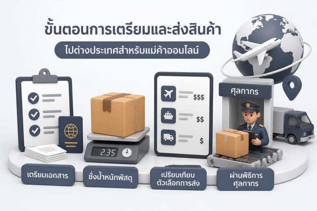 กล่องพัสดุพร้อมฉลากปลายทางต่างประเทศและเอกสาร Commercial Invoice