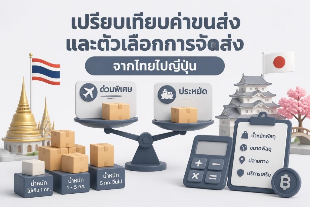 พัสดุกำลังเตรียมส่งไปญี่ปุ่น พร้อมฉลากที่อยู่และแบบฟอร์มศุลกากร