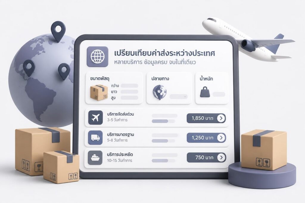 กล่องพัสดุวางบนแผนที่โลก พร้อมไอคอนป้ายราคาและเครื่องหมายเปรียบเทียบผู้ให้บริการ