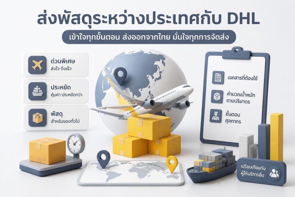 พัสดุกล่องพร้อมสติกเกอร์ DHL วางบนแผนที่โลกแสดงเส้นทางการขนส่งระหว่างประเทศ