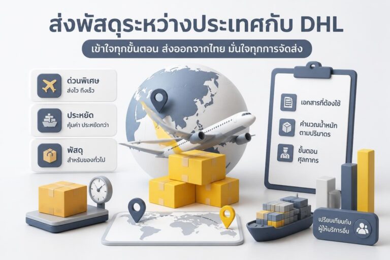พัสดุกล่องพร้อมสติกเกอร์ DHL วางบนแผนที่โลกแสดงเส้นทางการขนส่งระหว่างประเทศ