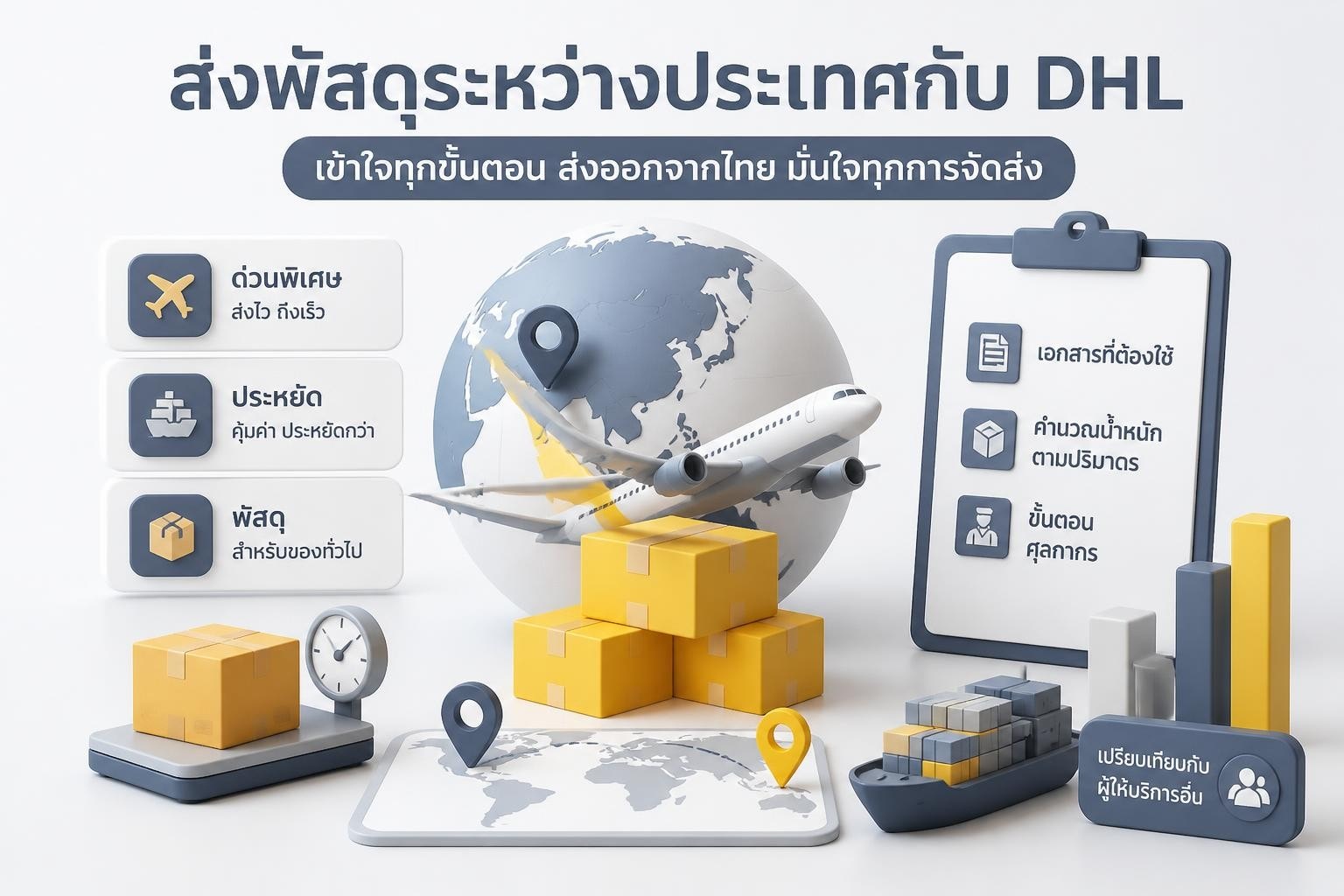 พัสดุกล่องพร้อมสติกเกอร์ DHL วางบนแผนที่โลกแสดงเส้นทางการขนส่งระหว่างประเทศ