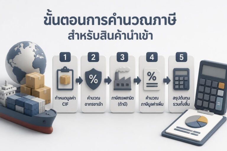 แผนภาพการคำนวณภาษีนำเข้าพร้อมสูตร CIF อากร สรรพสามิต และ VAT