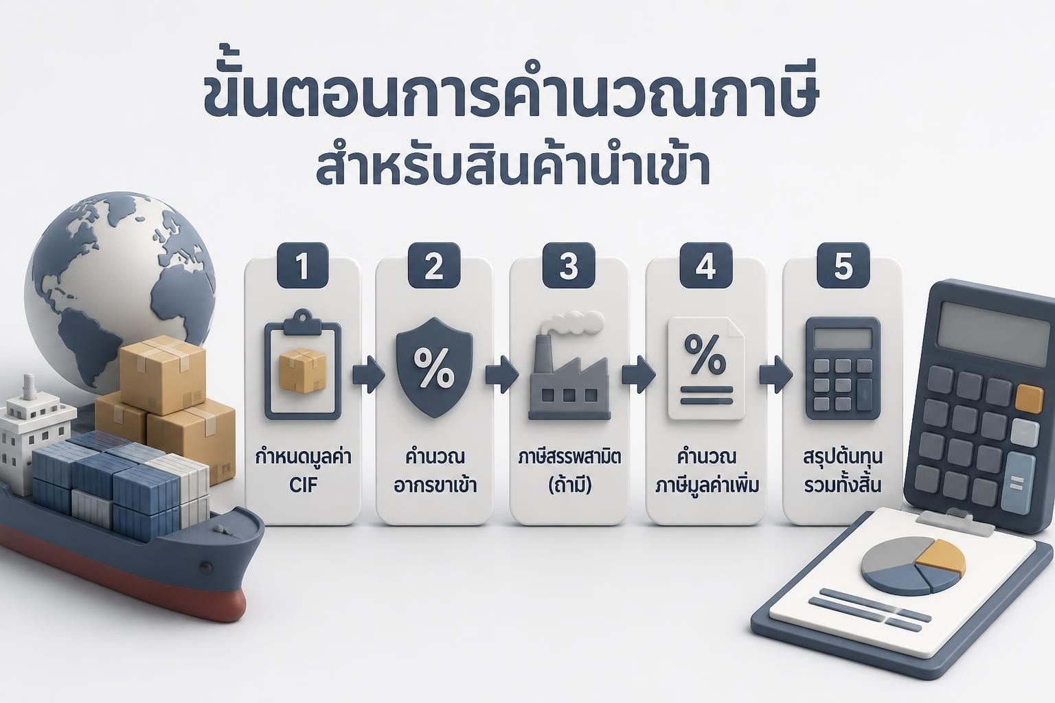 แผนภาพการคำนวณภาษีนำเข้าพร้อมสูตร CIF อากร สรรพสามิต และ VAT