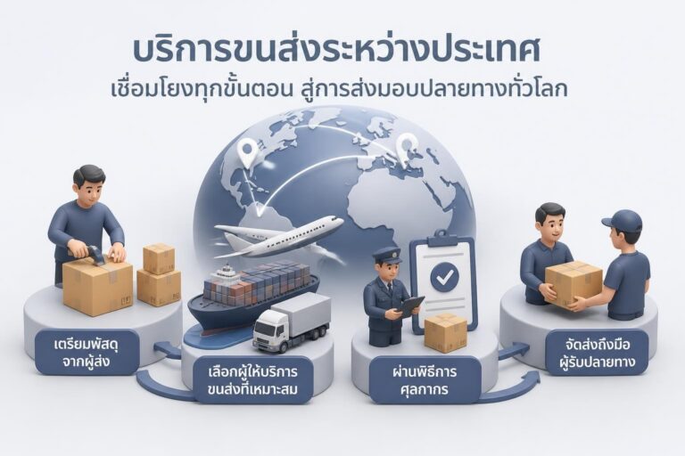 กล่องพัสดุบนพื้นหลังแผนที่โลกพร้อมไอคอนเครื่องบินและเรือ แสดงบริการส่งของระหว่างประเทศ
