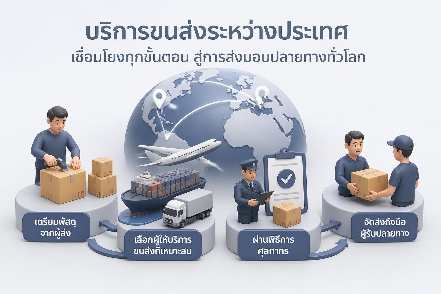 กล่องพัสดุบนพื้นหลังแผนที่โลกพร้อมไอคอนเครื่องบินและเรือ แสดงบริการส่งของระหว่างประเทศ