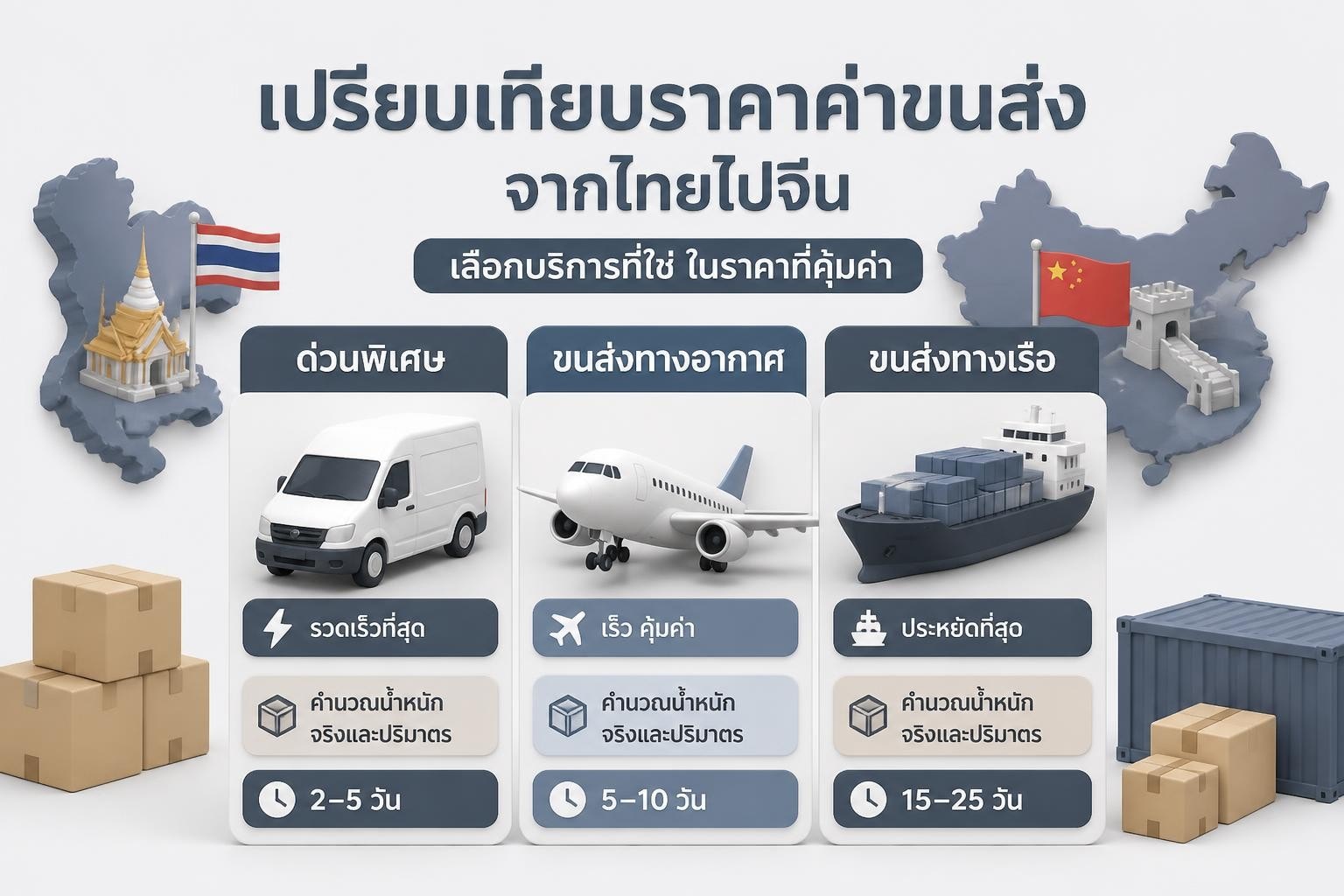 พัสดุถูกชั่งและวางบนสายพานขนส่งโดยมีไอคอนเครื่องบินและเรือแสดงตัวเลือกการขนส่งไปจีน