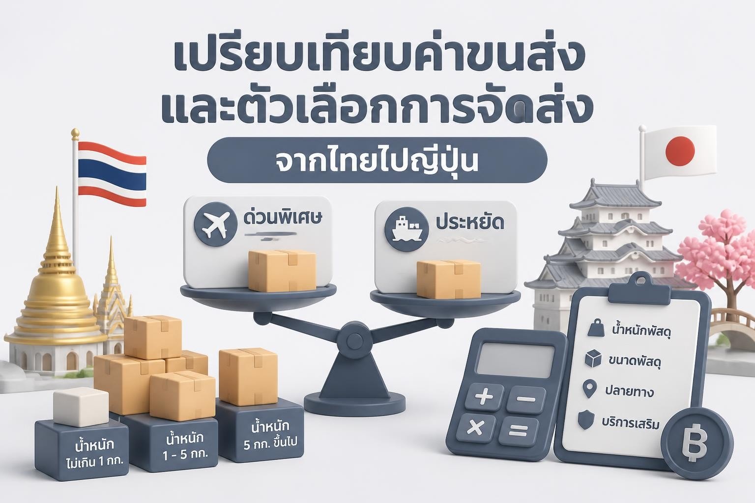 พัสดุกำลังเตรียมส่งไปญี่ปุ่น พร้อมฉลากที่อยู่และแบบฟอร์มศุลกากร
