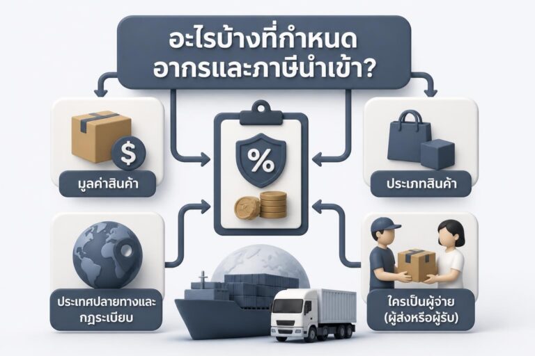 พัสดุกำลังถูกตรวจสอบที่ศุลกากรพร้อมเอกสาร CN22/CN23 และป้ายราคาสินค้า