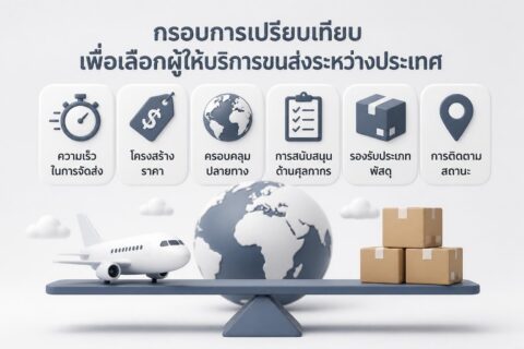 กล่องพัสดุพร้อมไอคอนการขนส่งและตารางเปรียบเทียบผู้ให้บริการขนส่งระหว่างประเทศ