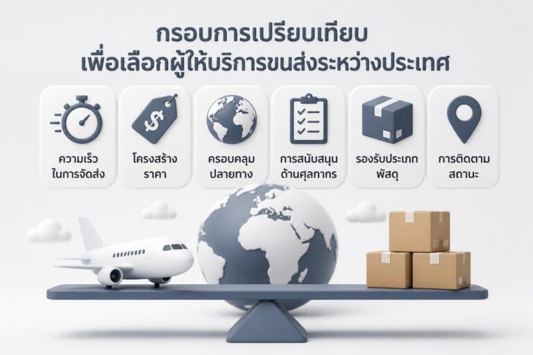 กล่องพัสดุพร้อมไอคอนการขนส่งและตารางเปรียบเทียบผู้ให้บริการขนส่งระหว่างประเทศ