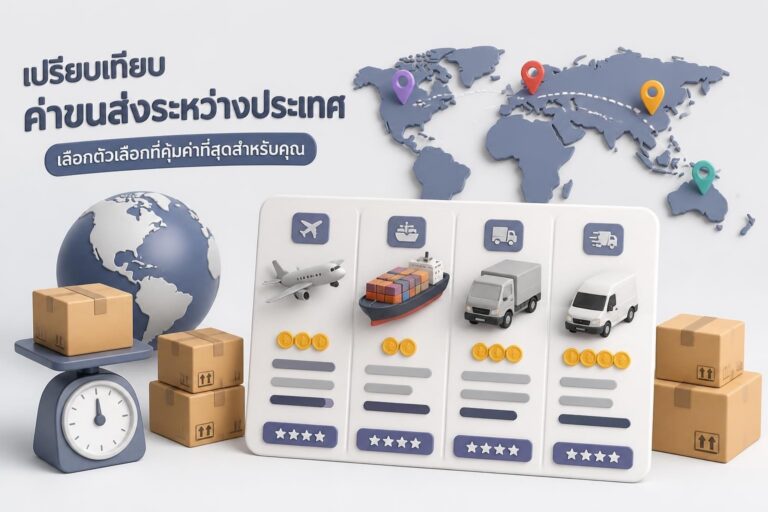 เปรียบเทียบค่าส่งของระหว่างประเทศ พร้อมกล่องพัสดุและแผนที่โลกเพื่อเลือกผู้ให้บริการที่คุ้มค่า