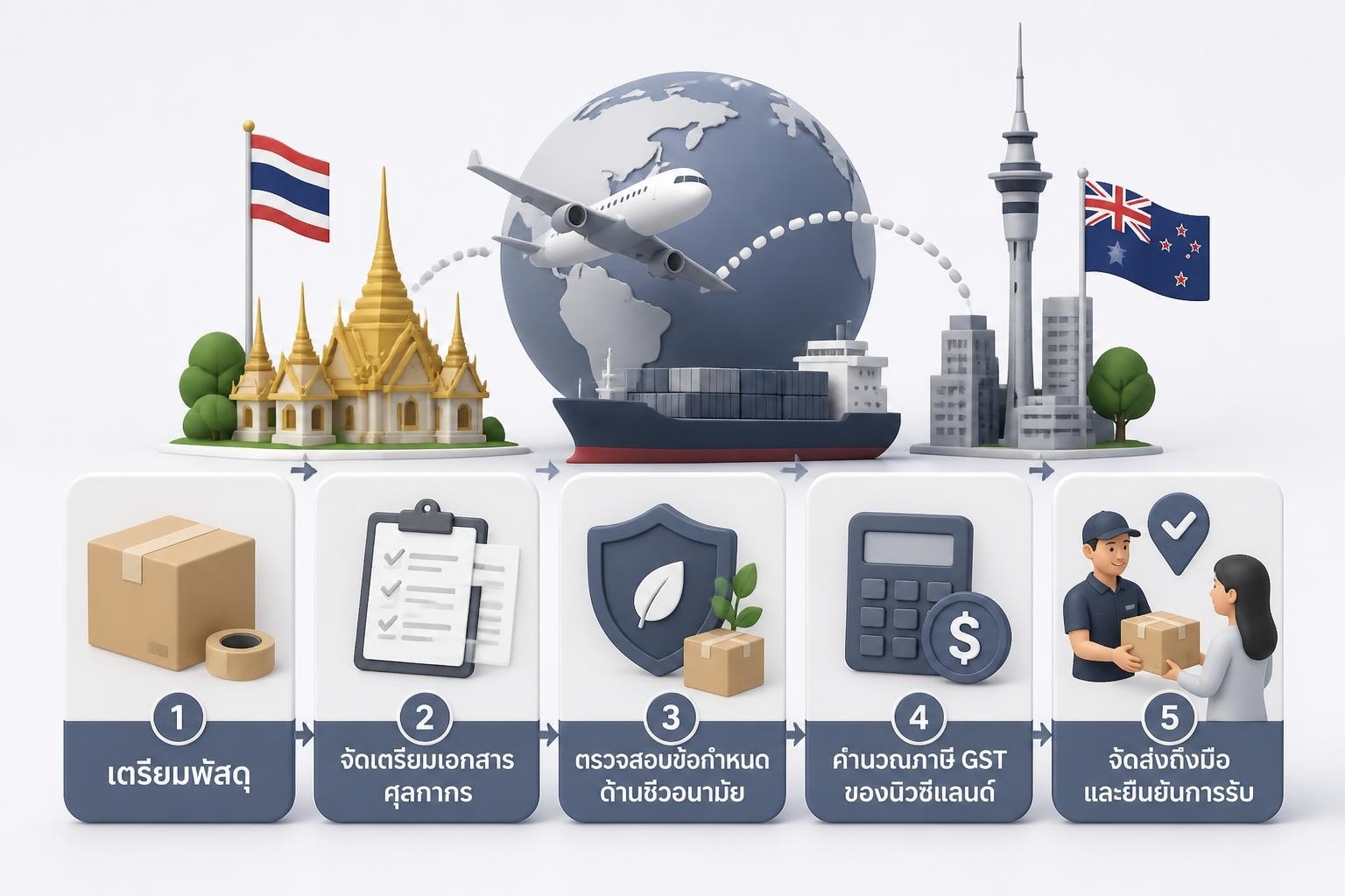 พัสดุระหว่างประเทศพร้อมเอกสารศุลกากรและแผนที่นิวซีแลนด์ แสดงการเตรียมเอกสารก่อนส่ง