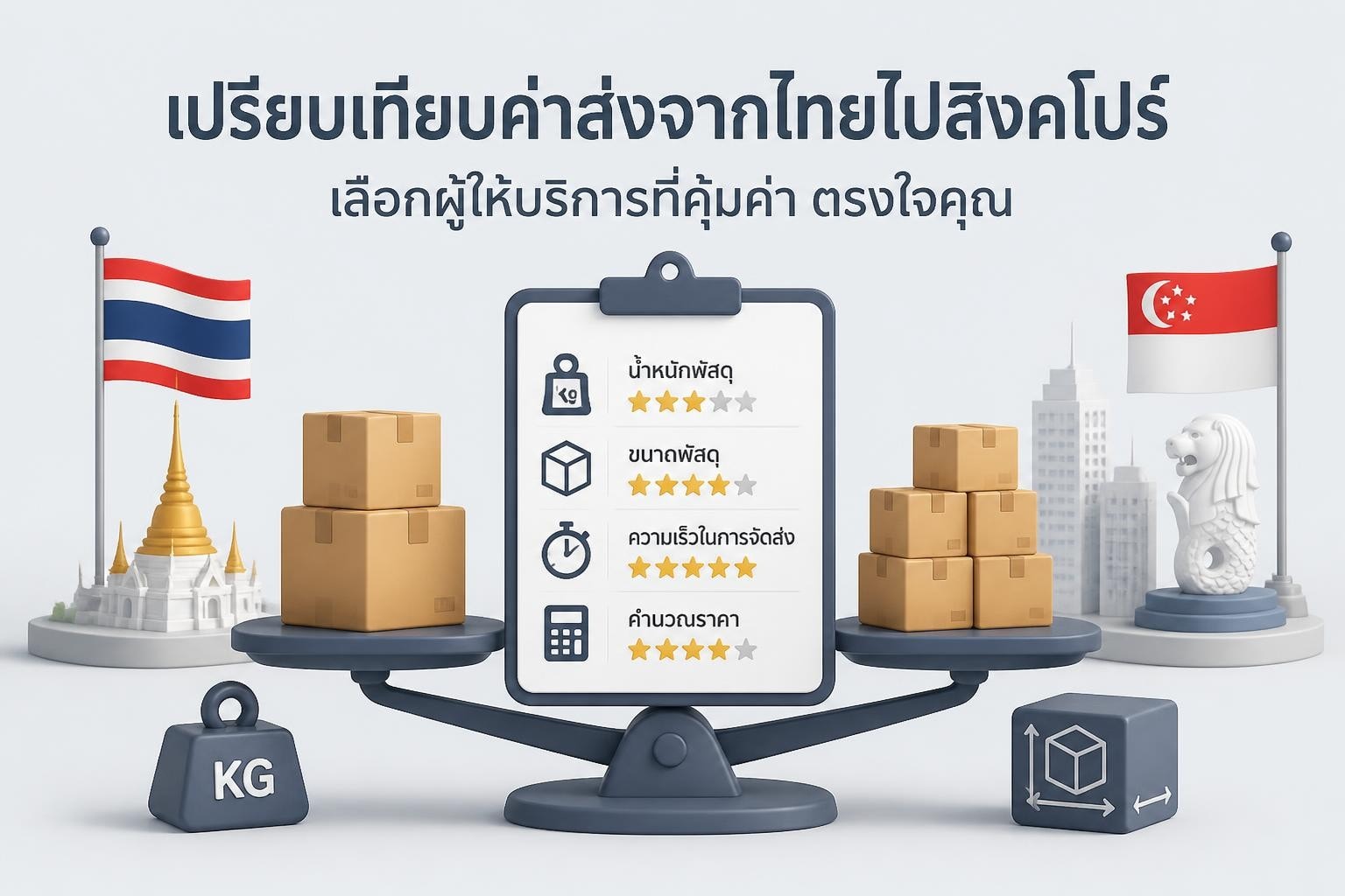 พัสดุและกล่องจัดส่งติดฉลากปลายทางสิงคโปร์ วางบนโต๊ะพร้อมเทปและเอกสารจัดส่ง