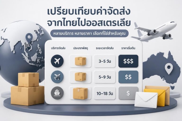 พัสดุกล่องพร้อมไอคอนเครื่องบินและแผนที่ออสเตรเลีย แสดงแนวคิดการส่งของระหว่างประเทศ