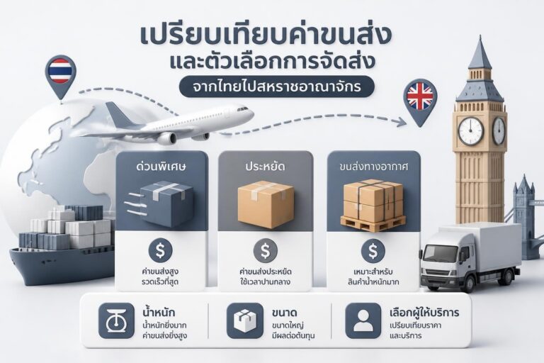 พนักงานขนส่งถือพัสดุพร้อมแผนที่อังกฤษและสัญลักษณ์บริการจัดส่งเพื่อสื่อการเช็คค่าส่งและเปรียบเทียบบริการ