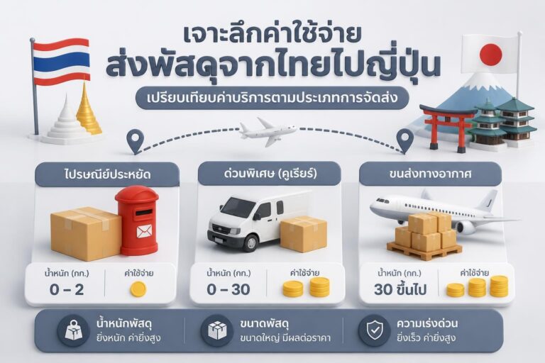 กล่องพัสดุพร้อมสัญลักษณ์ญี่ปุ่นและไอคอนราคา แสดงแนวคิดการเช็คราคาและเปรียบเทียบบริการส่งของ
