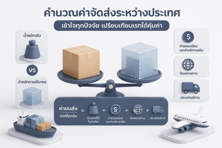 ไดอะแกรมการคำนวณค่าส่งระหว่างประเทศ แสดงการเปรียบเทียบน้ำหนักจริงกับน้ำหนักปริมาตรและโซนปลายทาง