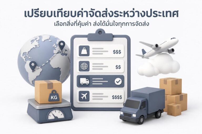 พัสดุกล่องพร้อมป้ายประเทศปลายทางและไอคอนผู้ให้บริการขนส่ง แสดงการเปรียบเทียบราคา